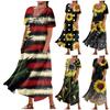 Women's Summer Loose Crewneck Sunflower Print Short Sleeved Large Swing Dress With Pocket