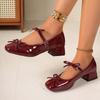Fashion Retro Bowknot Decoration Red Mary Jane Shoes Women 2025 Summer Medium Heel Sandals Sweet Lacquer Leather Party Dress Shoes