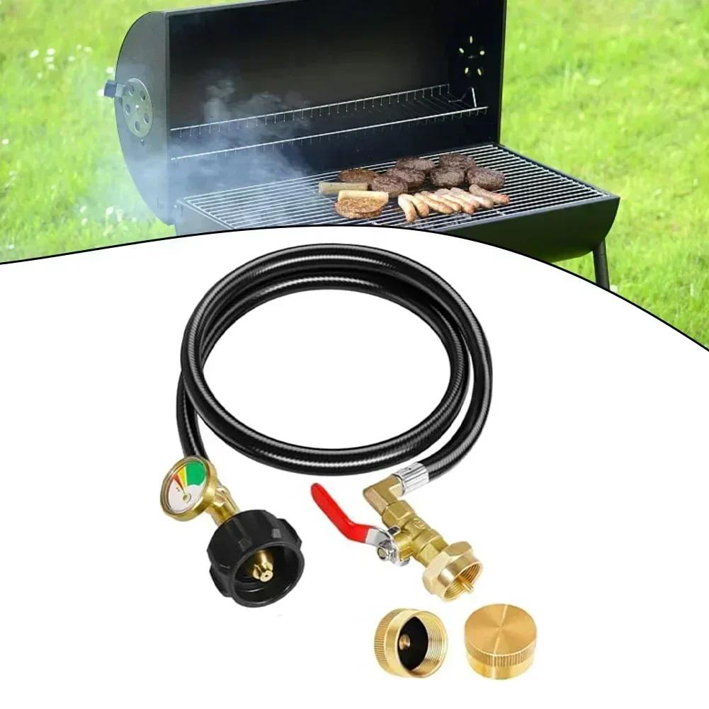 Propane Adapter Hose 3FT with Control Valve and Pressure Gauge for Connecting Large Tanks and 1 lb Bottles Two