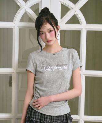 THE GREEN LAB Studded Graphic Shirred Short Sleeve Tee [Melange Gray]