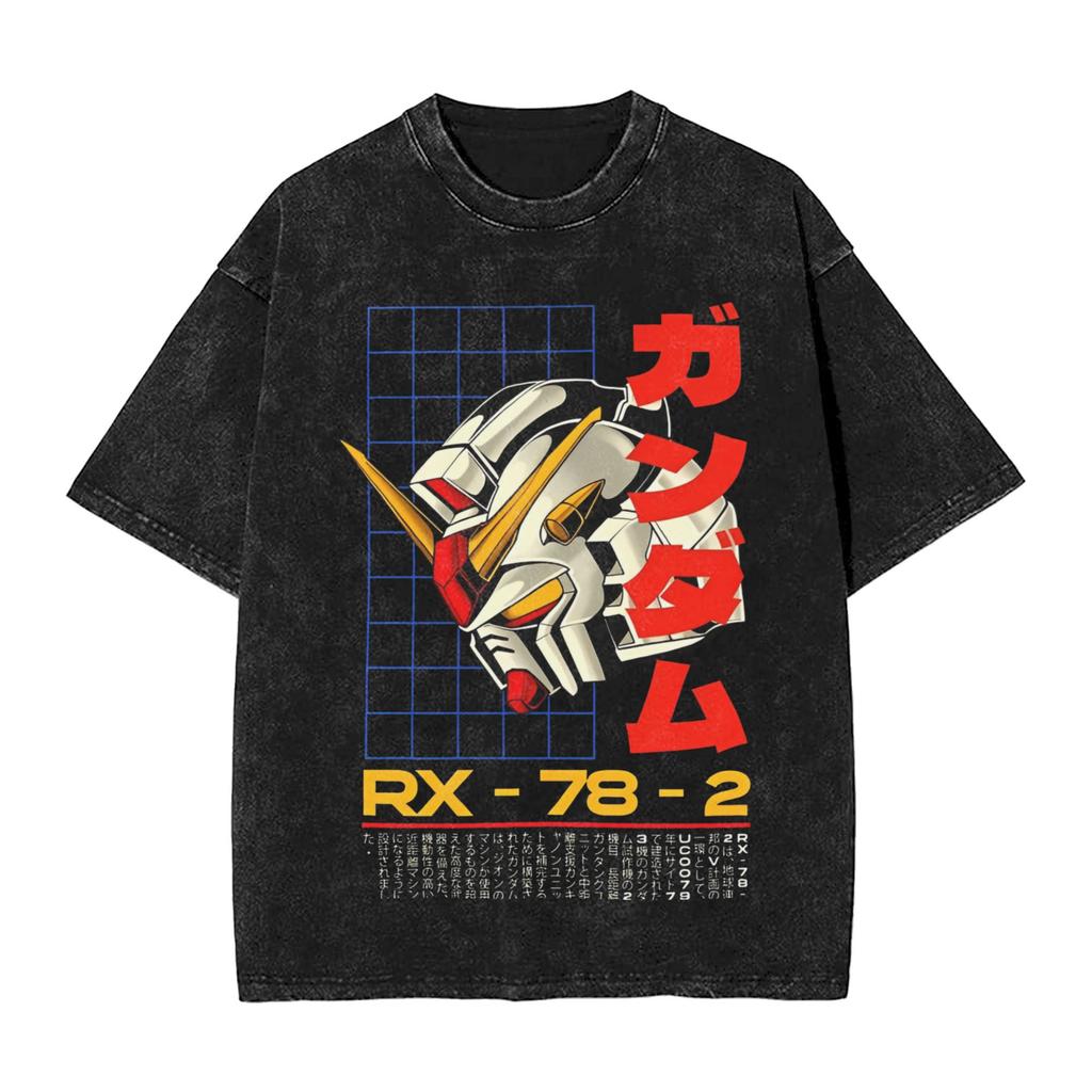 Harajuku Washed Shirts MOBILE SUIT GUNDAMs Manga Anime Merch Retro T Shirt Oversize Streetwear Cotton Tee Shirt
