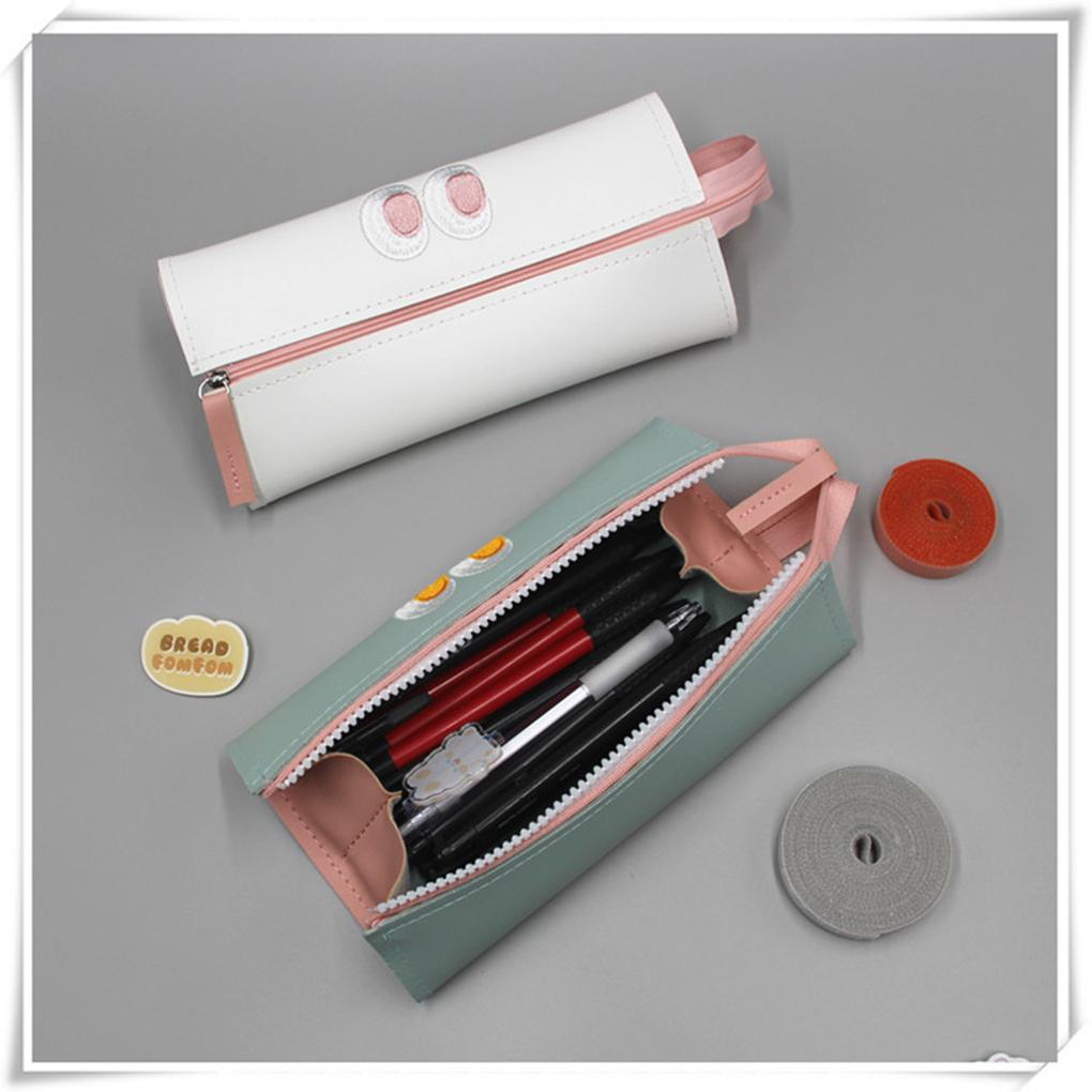 Leather Pencil Case Embroidery Zipper Solid Color Lifting Handle Replacement School University Pen Bag Pouch Birthday Gift