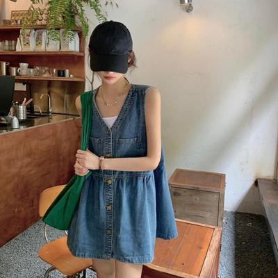 Summer Denim Dress V Neck A-line Big Hem Sleeveless Solid Color Pockets Single-breasted Cardigan Pleated Patchwork Mini Dress Daily Wear Party Short