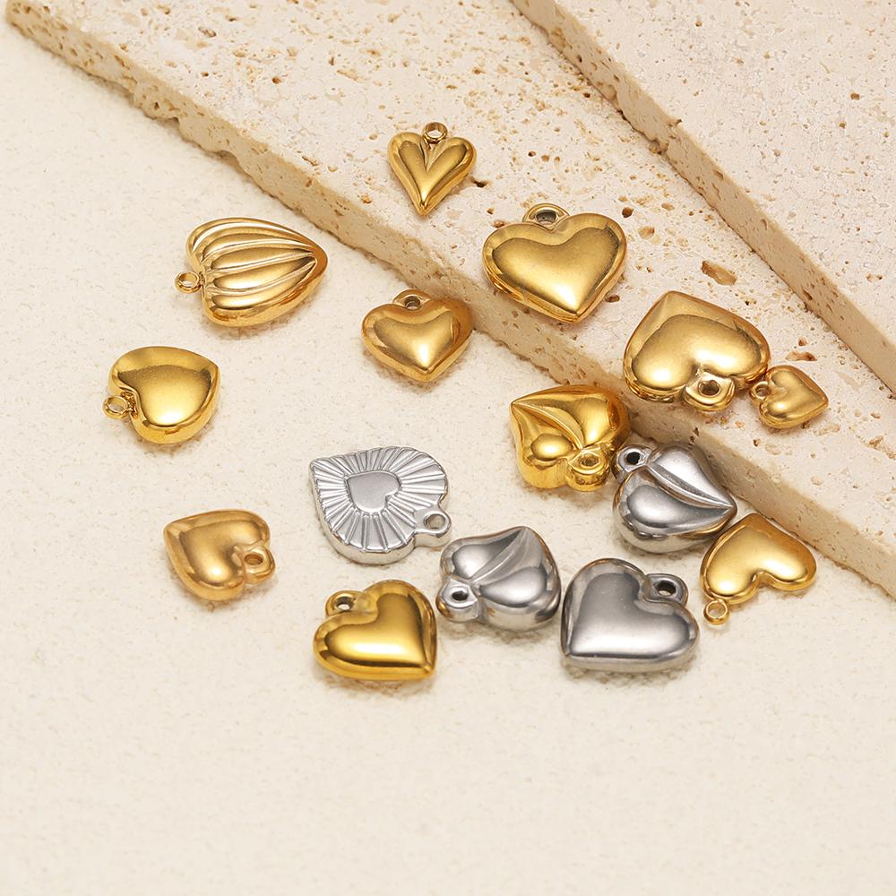 5pcs Stainless Steel New Fashion Three-dimensional Heart Charms Pendants PVD Gold Plated Necklace Homemade Bracelet DIY Jewelry