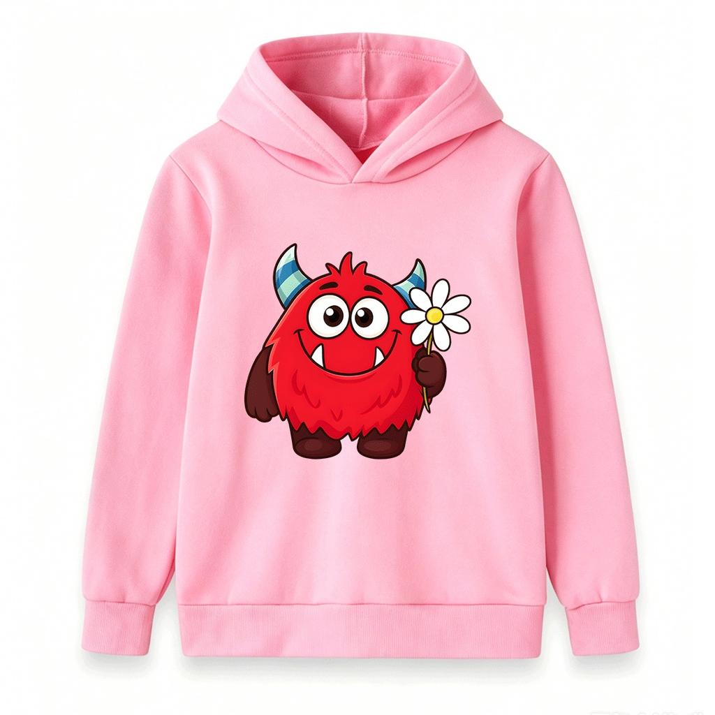 Kids Unisex Cute Red Furry Monster Print Hoodie, Casual Long Sleeve Pullover Sweatshirt Adorable Chamomile Flower Pattern for Boys Girls Daily Wear