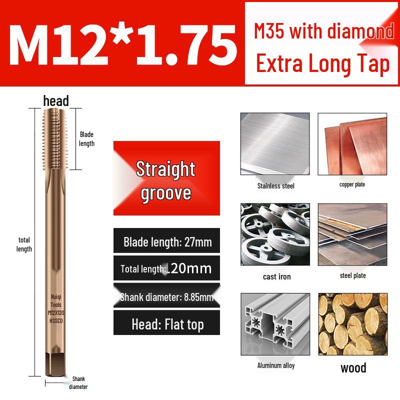 Titanium Coated Cobalt Straight Flute Extra Long Tap for Stainless Steel, Sizes M3-M8