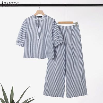 Women 3/4 Sleeve Blouse and Pants Stripe Print Casual Two Piece Sets