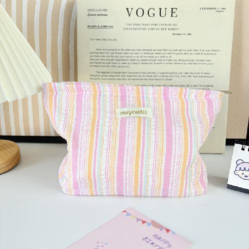 Portable Large Capacity Ruffled Striped Toiletry Bag, Travel Makeup Pouch for Women, Skincare Storage Liner & Cosmetic Organizer