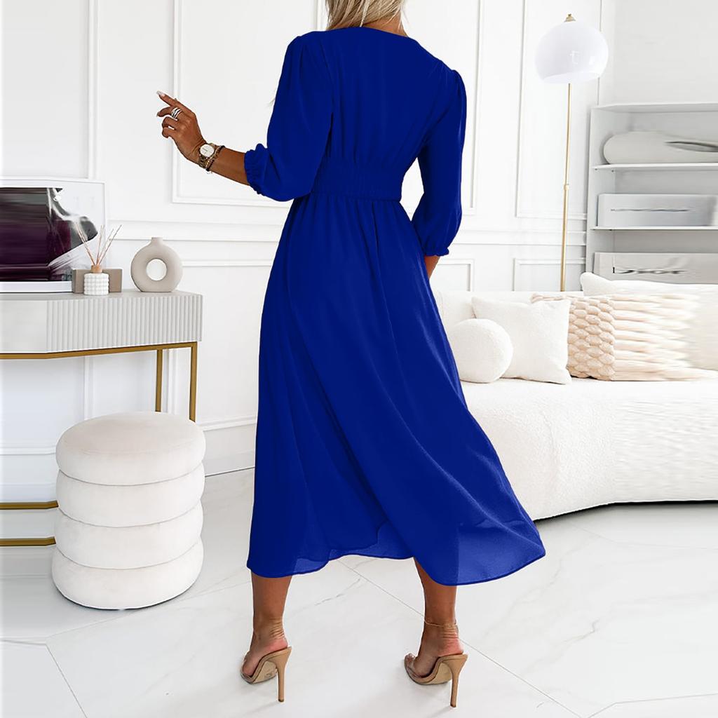 Damen Locker Bequem Lässig Modisch Tailliert V-Ausschnitt Einfarbig Großer Schwung Sexy Kleid