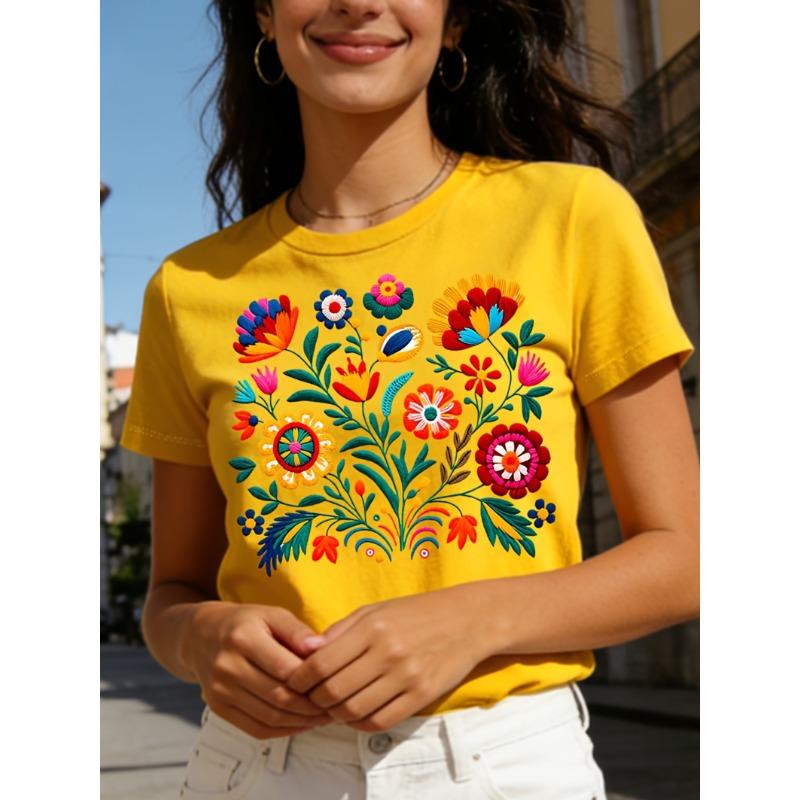 Mexican Colorful Floral Festival Letter Printed T-shirt, Women's Casual Short Sleeved Round Neck Top