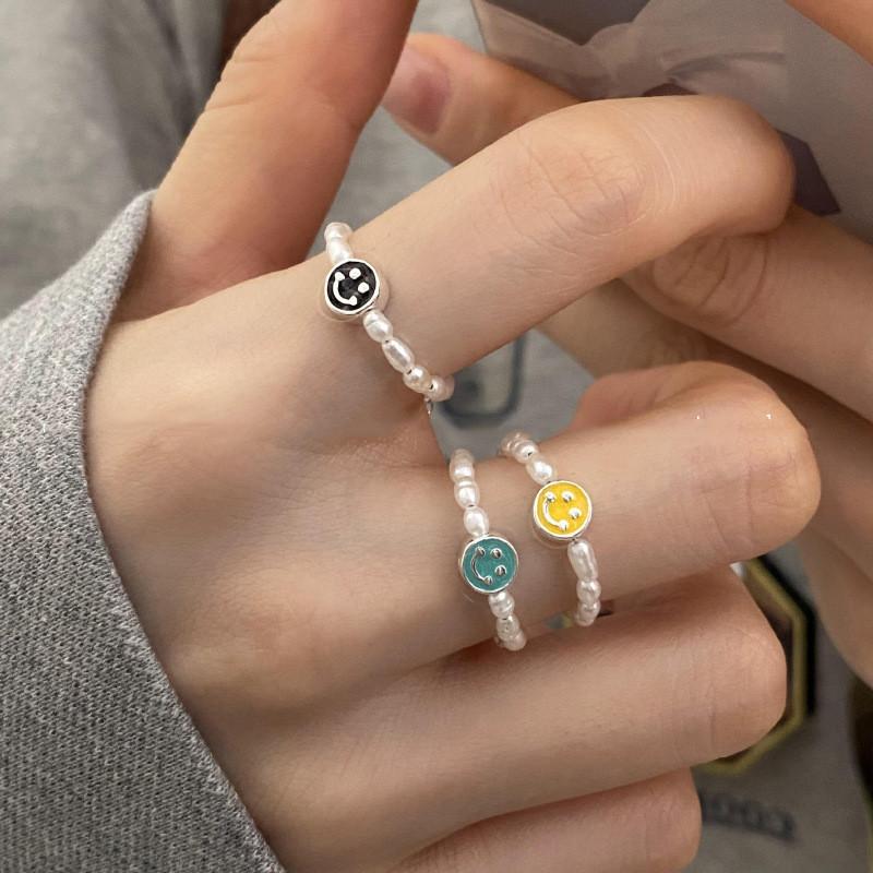 Charming Geometric Design Korean Style Smiley Face Natural Baroque Pearl Ring For Women