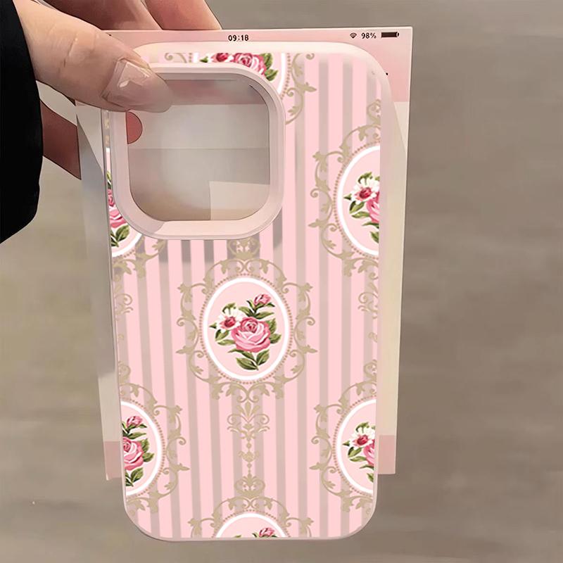 Vertical Pink Striped Background Rose Flower Cluster Patterns Phone Case For iPhone 17 16 Pro Max 15 14 Plus 13 12 Pro 11 Cover