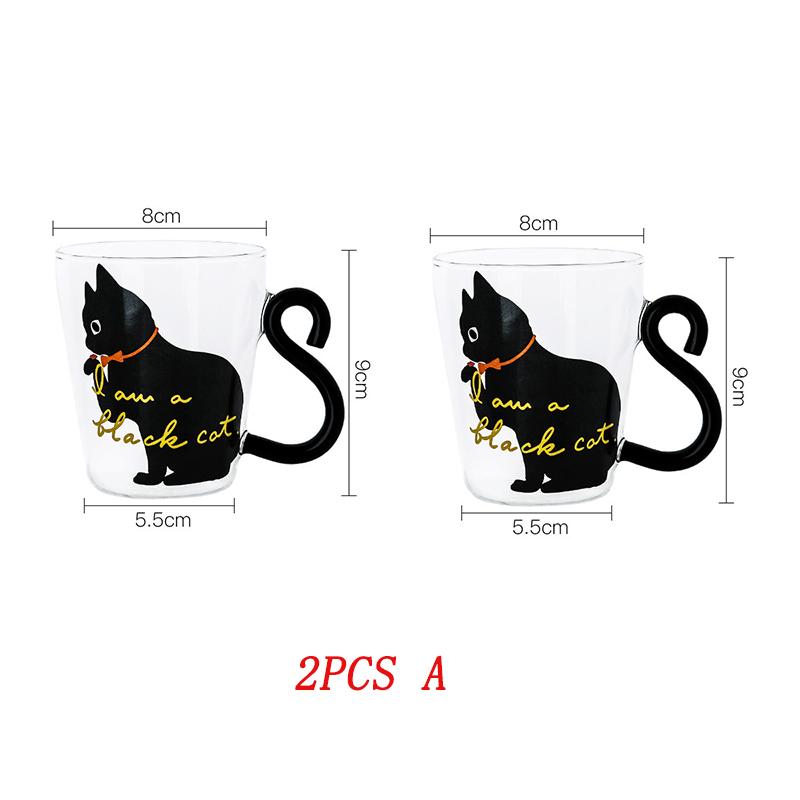 1-2pcs 250 ml Cute Black Cat Glass Coffee Mug Set Handgrip Animal Shaped Milk Water Juice Mugs Tea Cup Japanese Style Gift