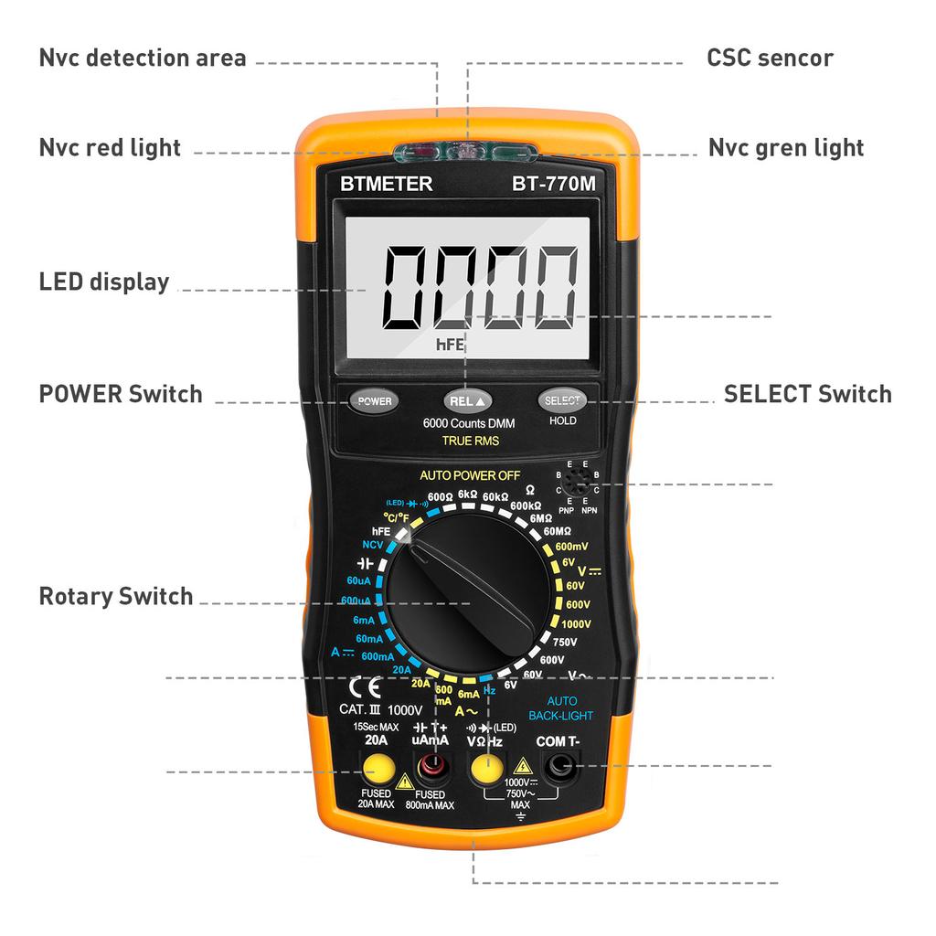 BTMETER Digital Portable Multimeter 6000-count LCD Display Measure DC AC Voltage Current Resistance Capacitance and More