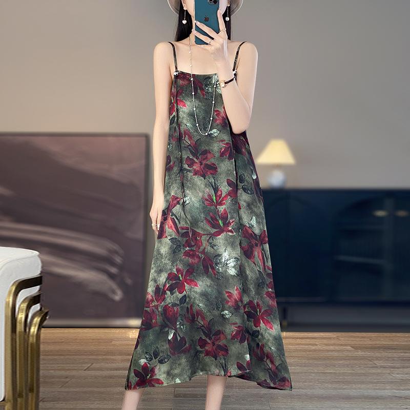 Women's Silk Satin Spring and Summer Floral Halter Dress Show Temperament Elegant Loose National Style Slimming Dress