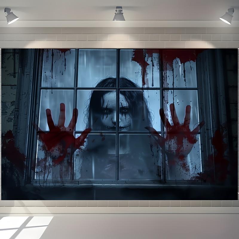 One Piece, Halloween Ghost Zombie Background Cloth, Polyester, Haunted House Style, Blood Handprint Window Background