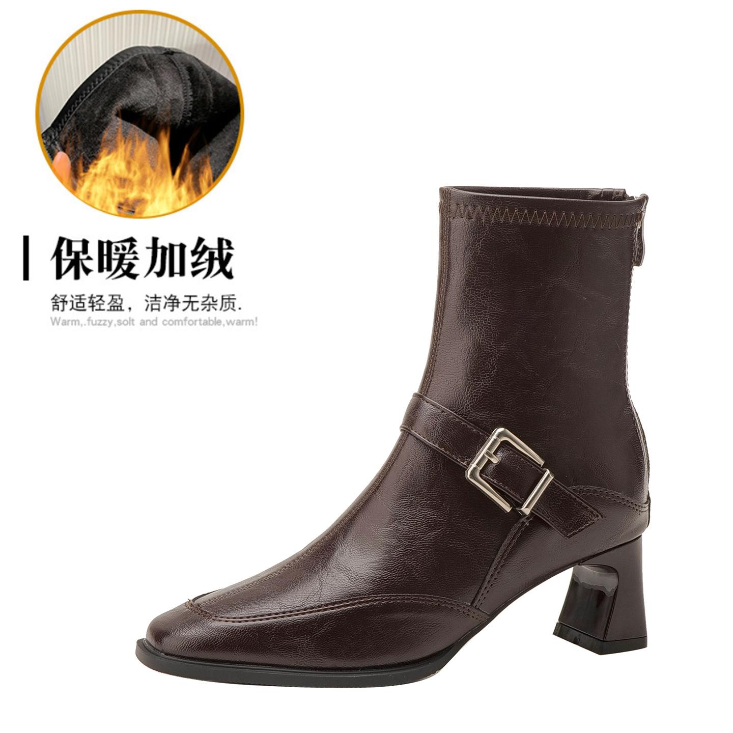 

Кожаные женские короткие ботильоны с квадратным носком и толстым каблуком, новинка осени и зимы 2025 года, ботильоны на высоком тонком каблуке, короткие модные ботильоны с задней молнией 40