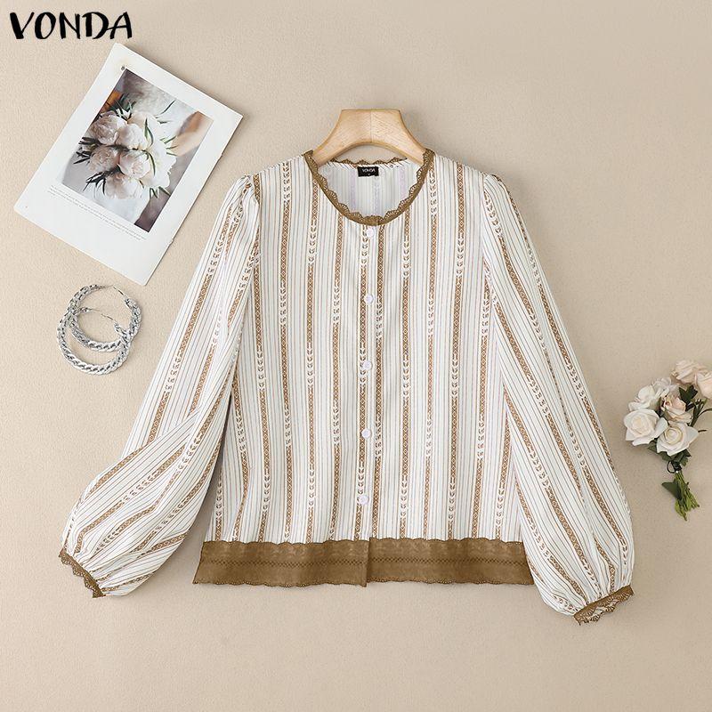 

VONDA Women Casual Lace Hem Patchwork Loose Long Sleeve Striped Print Blouse