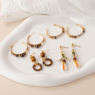 Autumn and Winter Geometric Maillard Natural Tiger's Eye Stone Temperament Beaded Earrings Retro Style Earrings High-end Stud Earrings