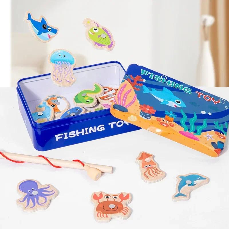 Montessori Wooden Fishing Toys For Children Marine Life Cognition Fish Games Parent-Child Interactive Educational Toy