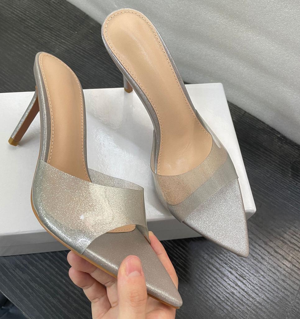 WO Huizhou new European and American women's shoes simple nude transparent one-word high heels thin heels pointed not tired feet versatile