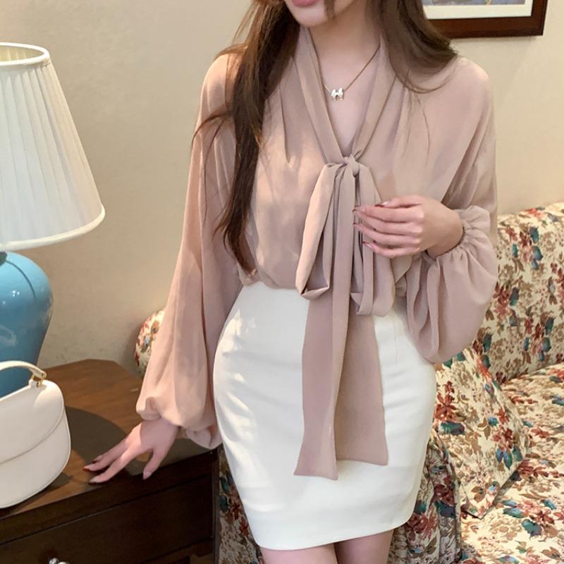 Frühling Neue Fliege Elegante Casual Shirts Frauen Sommer Laterne Ärmel Tops Temperament V-ausschnitt frauen Blusen Mode Dünne Damen Chiffon Hemd 26420