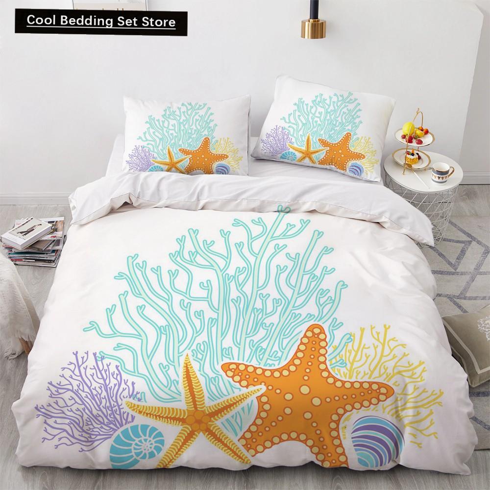 Blue Ocean King Queen Bettbezug Cartoon Seestern Muschel Bettwäscheset für Kind Teenager Erwachsene Meer Strand 2/3tlg. Polyester Bettdeckenbezug