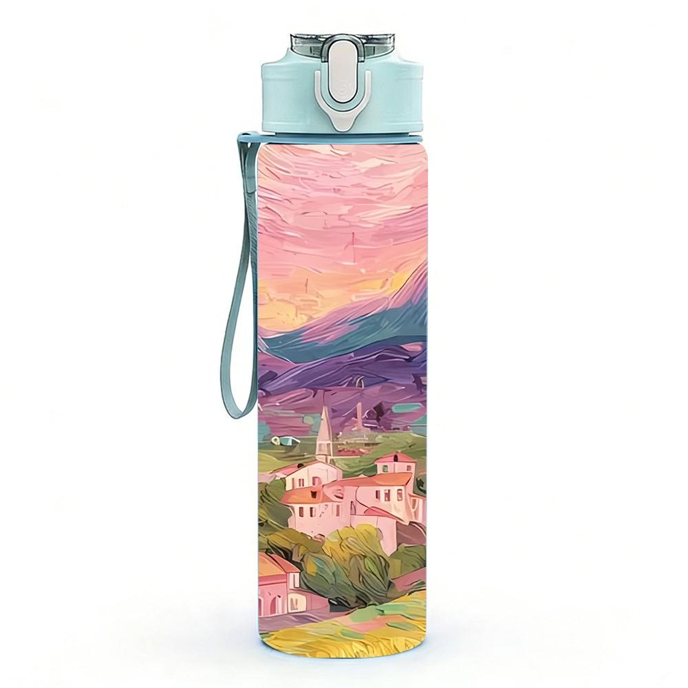 1PC Pink Sunset Mountain Village Landscape Art 750ml Color Plastic Sports Water Bottle Leakproof Flip Straw Lid Suitable for Sports Office Home Use