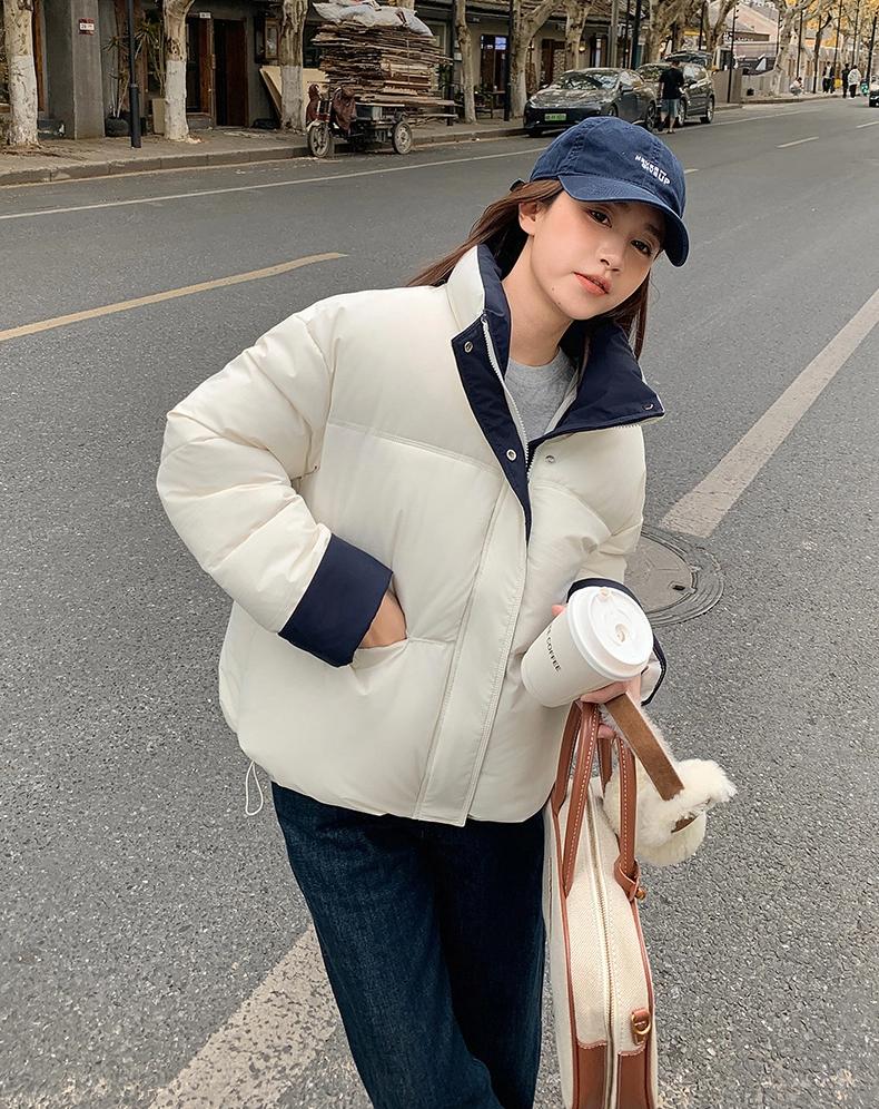 Short Stand Collar Contrast Color Thickened Loose Warm Puffer Jacket with Adustable Hem