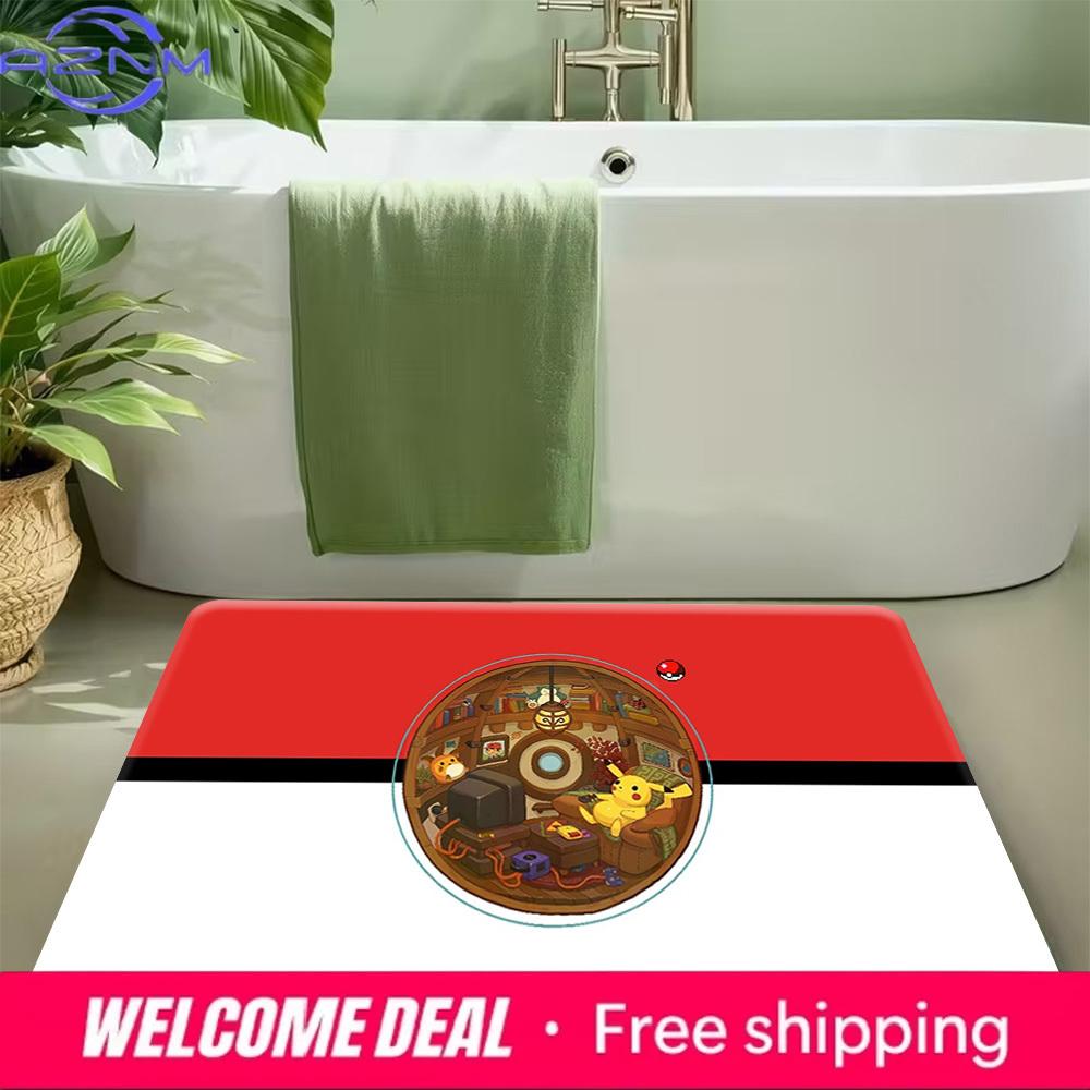 Pokemon Pokeball Style Cute Pikachu Inside Pokeball Print Soft Non-Slip Absorbent Home Bathroom Entryway Floor Doormat Rug