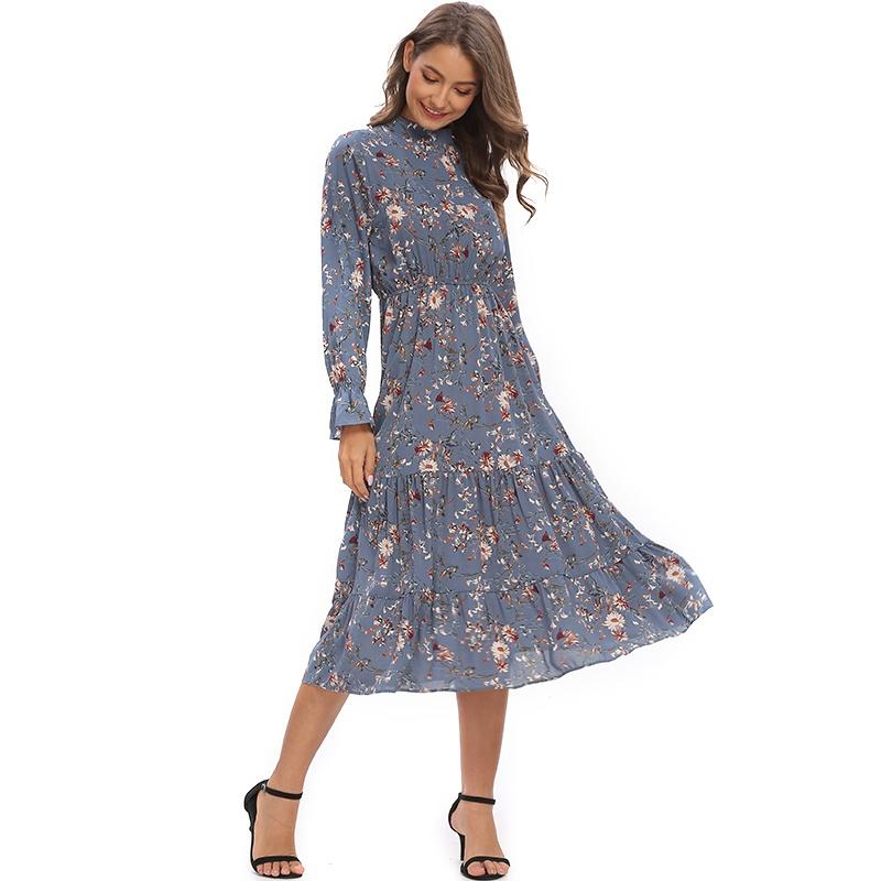 Kvinners vår-høstkjole blomster chiffon blå kjole rund hals langermet lotusblad elastisk kjole
