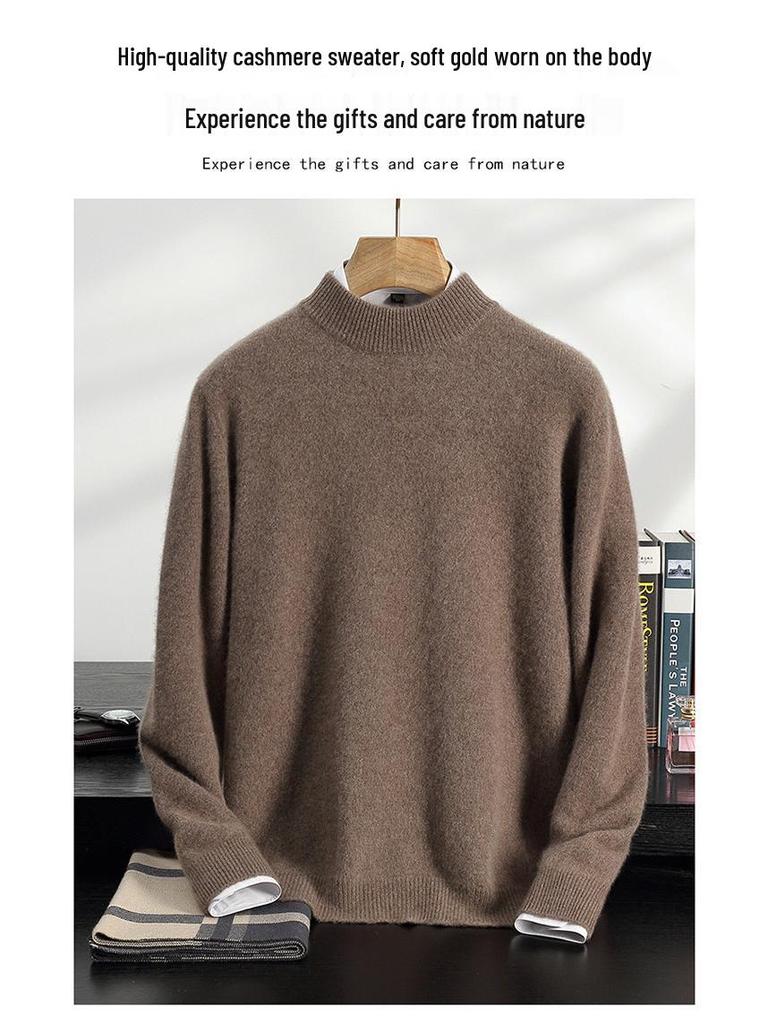 Men's Double-Thick Lamb Cashmere Sweater, Solid Color, Round Neck, Autumn/Winter Base Layer.
