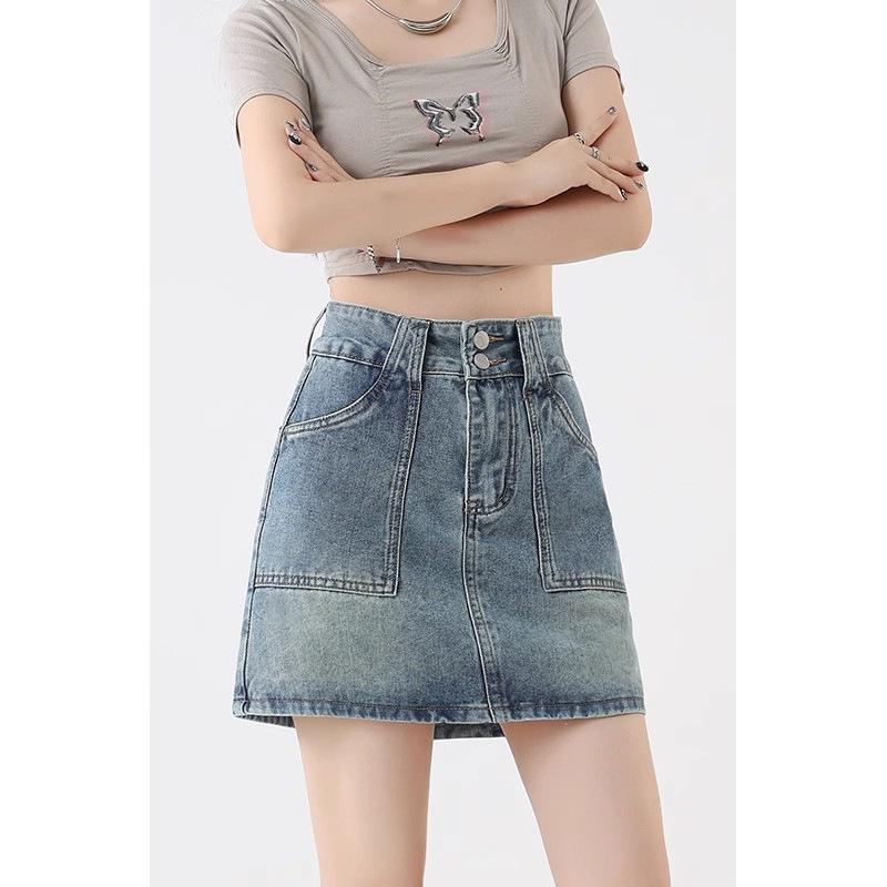 

2025 Summer Retro High Waist Denim Mini Skirt for Women - Slimming, Versatile Bodycon Design Large синий