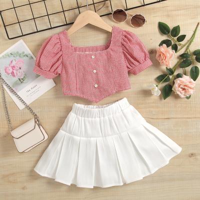 Girls' Fashion Set: Summer Children's Checkered Flared Sleeve Square Neck Pullover, Solid Color Patchwork Pleated Skirt Two-piece Set