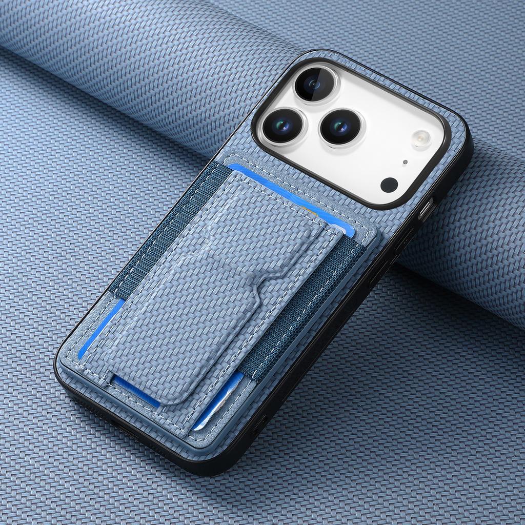 For iPhone 17 Pro Case with Card Holder Kickstand Fiber Pattern Leather Back Cover