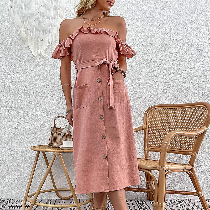 

2025 summer new women s casual style one-word shoulder dress S розовый
