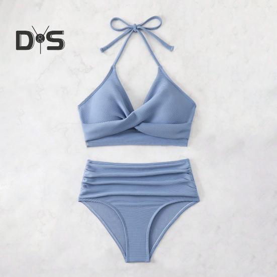 2dílná sada letních bikin, podprsenka s vyztužením a skládaným detailem, sada plavek s vysokým pasem, jednobarevné plavky