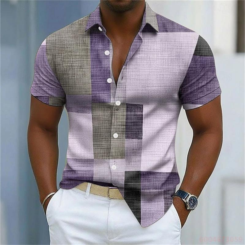 Nuova Camicia da Uomo a Maniche Corte Stampa a Righe Curve Bianche e Blu Vestibilità Business Casual Collo a Revers Camicia da Uomo