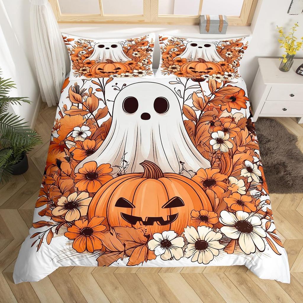 Cute Floral Ghost Duvet Cover Twin King For Boys Girls Room Decor Halloween Theme Bedding Set Boho Flower Print Comforter Cover