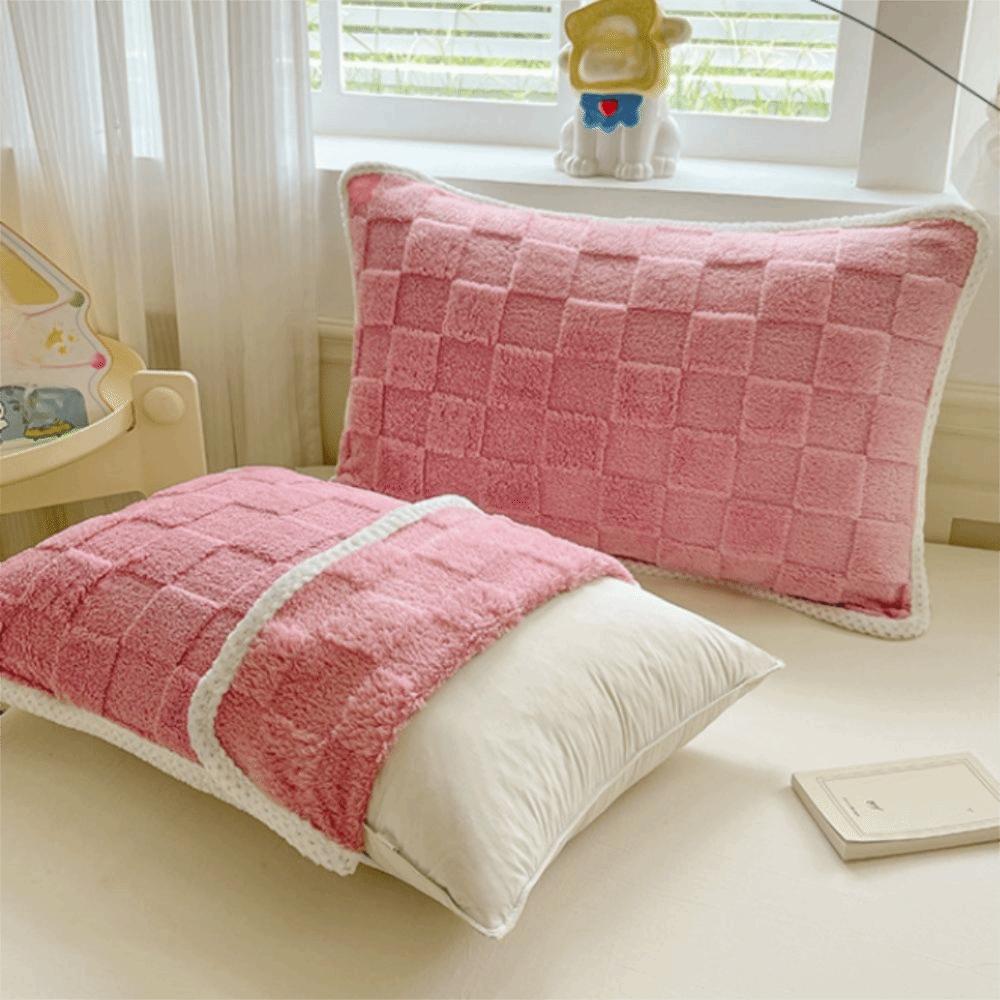 2 pieces Plush Pillow Cover Elastic Strap Pillow Towel Grid Jacquard Pillowcases  Dormitory