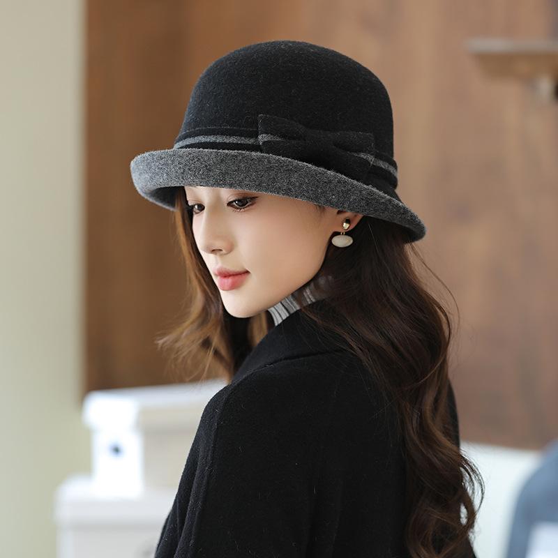 Wool Felt Hat Women's Autumn and Winter Fashion Retro Bow Warped Edge Elegant Celebrity Top Hat Bucket Hat