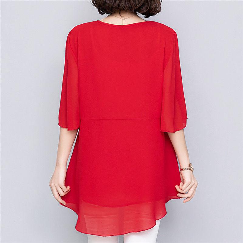 Plus Fat Plus Size Western-style Chiffon Shirt Women's Short-sleeved Summer Loose Fat Mm Cover Belly Top Middle-sleeved Mother's Small Shirt