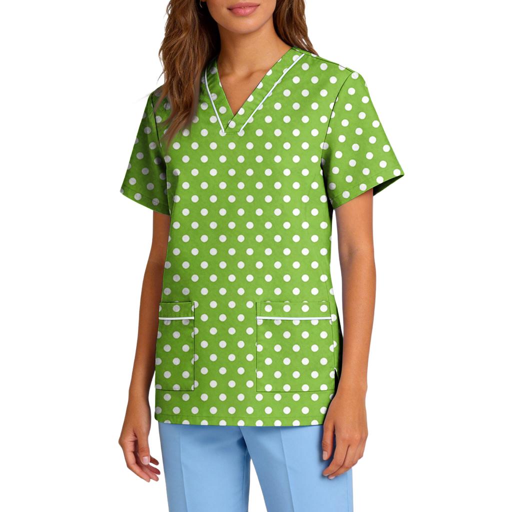 Women's Stretch Quick-Dry V-Neck Short Sleeve Workwear Top with Polka Dot Print & Pockets