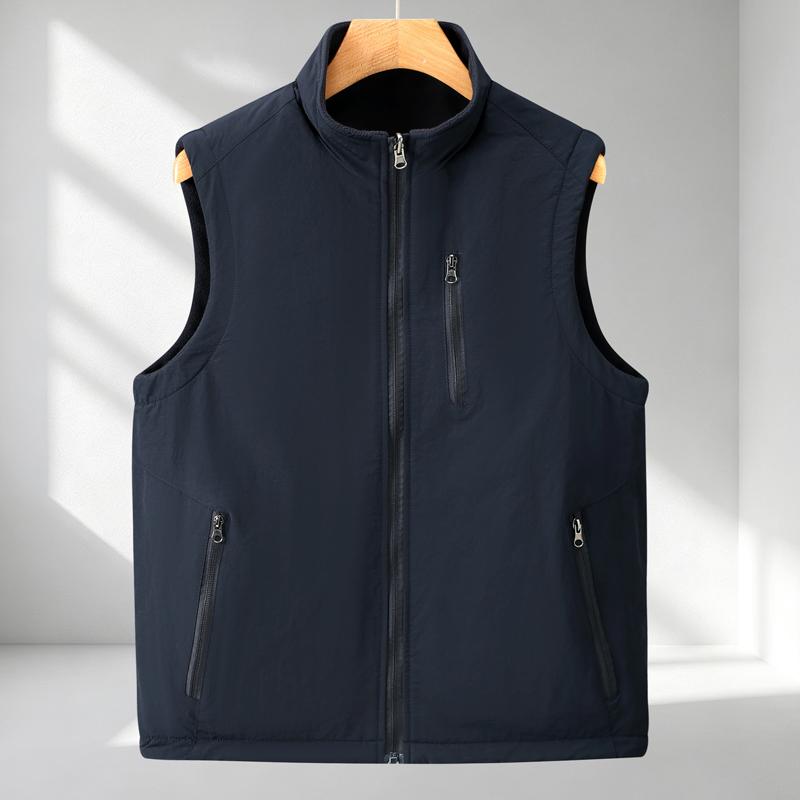 Men Reversible Vest Fleece Lined Waterproof Stand Collar Multi‑Pocket Zip Waistcoat