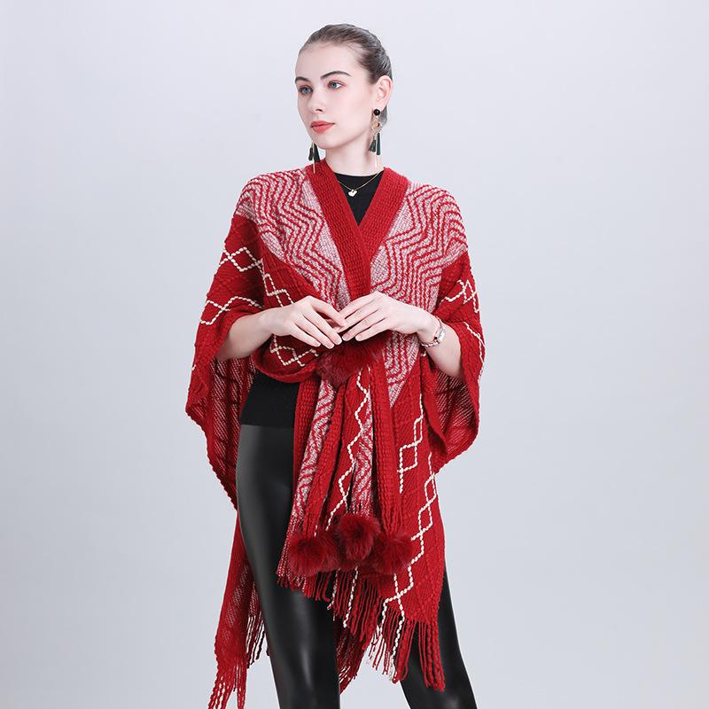 New Imitation Cashmere Elegant Women Pompom Scarf Winter Ladies Striped Fringed Poncho Femme Capa Para Mujer Pashmina Wrap Shawl