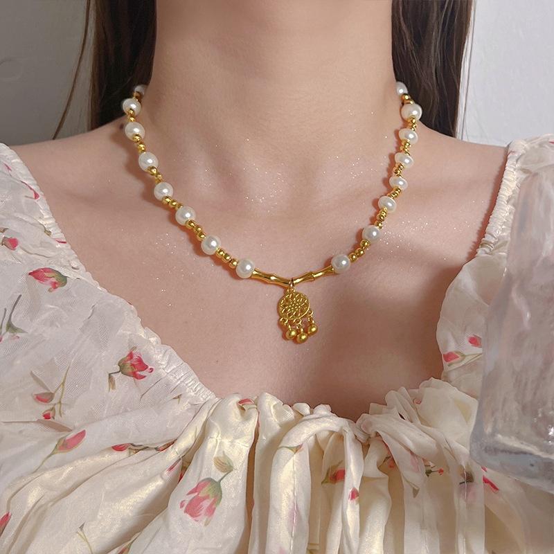 Copper Electroplated Pearl Necklace Fashion All-Match Elegant Clavicle Chain Personalized Simple High-End Style Jewelry Women's
