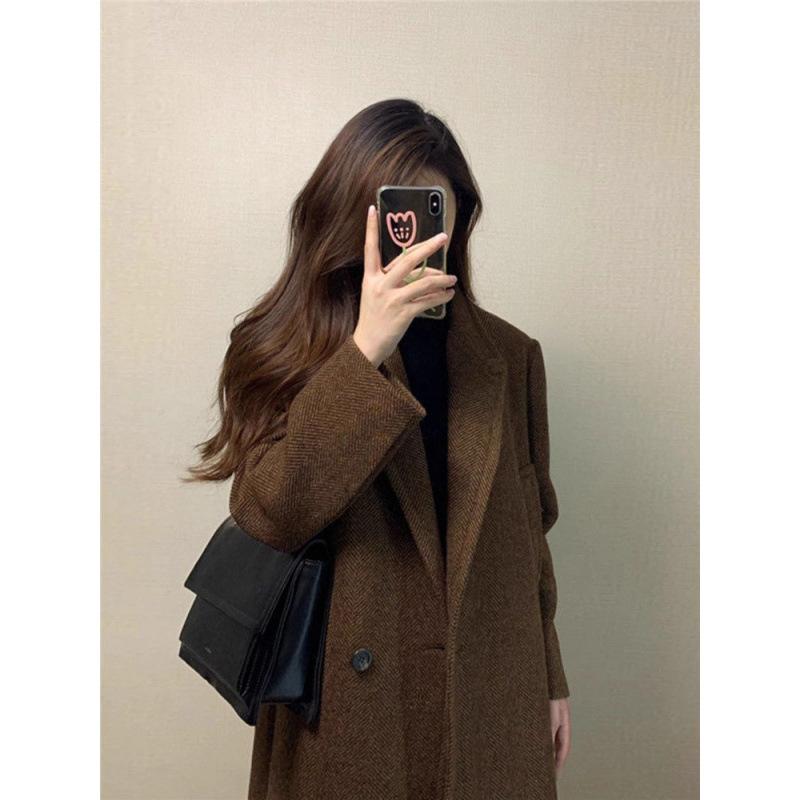 Coffee Colored Herringbone Patterned Woolen Coat Women Autumn Winter Loose Jacket