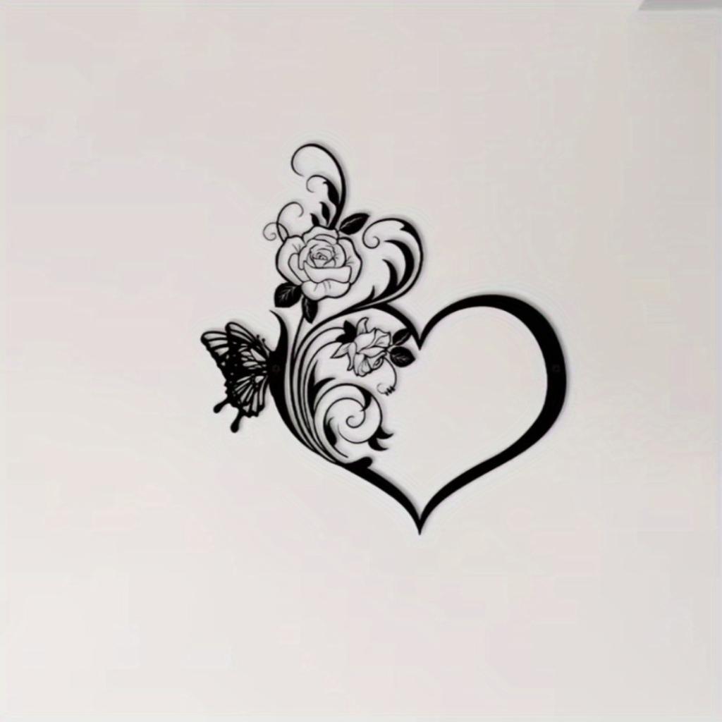 1pc Metal Rose Butterfly Love Wall Art Black Heart Shape Home Decor Sign