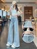 Women's Light Blue Lace Trim Flared Jeans - 2026 Summer Collection, Loose Fit, Wide Leg Bell Bottoms
