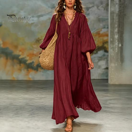 Mid-length Dress Women's Deep V Neck Maxi Dress, Puff 3/4 Sleeve Party Casual A-Line Flowy Loose Boho Beach Sundress Soft Fabric